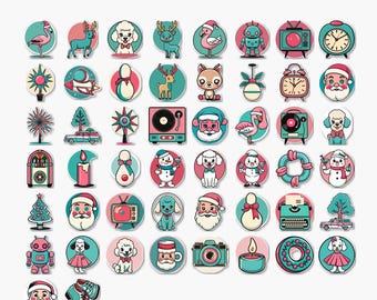 50 Retro Mid-Century Modern Vintage Christmas PNG Stickers Pack - Atomic Kitschmas Collection