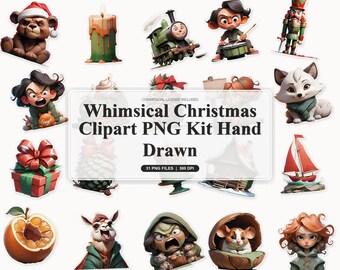 30 Whimsical Christmas Clipart PNG Kit Hand Drawn | Cozy Holiday Cards and Nursery Decor