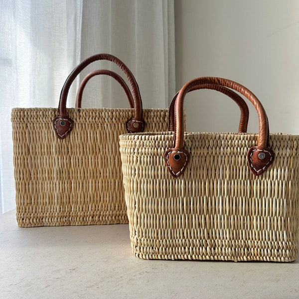 Woven Tote Straw Bag |  | Handmade | Women’s Bag | Boho chic | Sizes Available| Picnic Shopper Holder | Beige Faux Leather Handle Beach Bag
