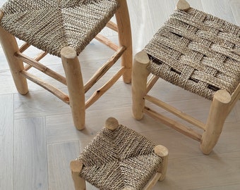 Moroccan Style Stool | Natural Wood | Doum | Woven Palm Leaves | Chair | Hand Knotted Seagrass Seats