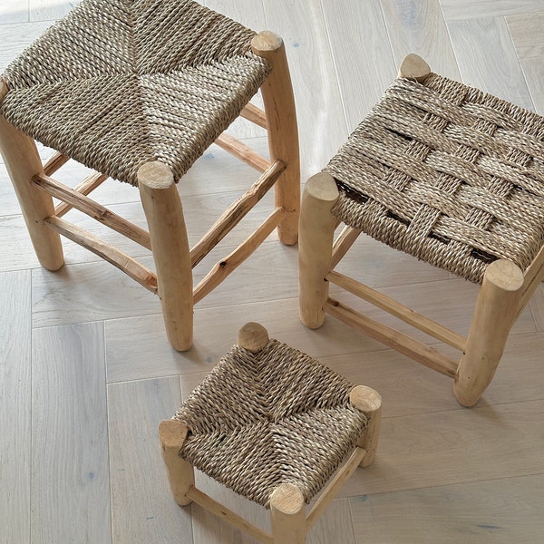 Moroccan Style Stool | Natural Wood | Doum | Woven Palm Leaves | Chair | Hand Knotted Seagrass Seats