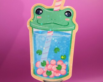 Bubble Tea Frog Sparkle Sticker Laptops Phones Kindles Tablets Journals Bottles