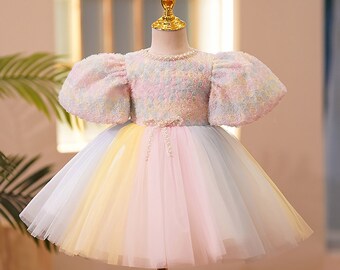 Baby Girls Easter Princess Dress Puff Sleeve Rainbow Tulle Dress Colorful Flower Dress First Birthday Dress Wedding Dress Flower Girl Dress