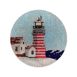 Hand Painted Needlepoint ORNAMENT, #18 Mesh, MAINE LIGHTHOUSE Snowy Christmas, New England, West Quoddy Head Light