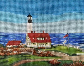 PHARE, Cape Elizabeth, Maine, toile peinte à la main pour tapisserie sur #18, oreiller, Tenture murale