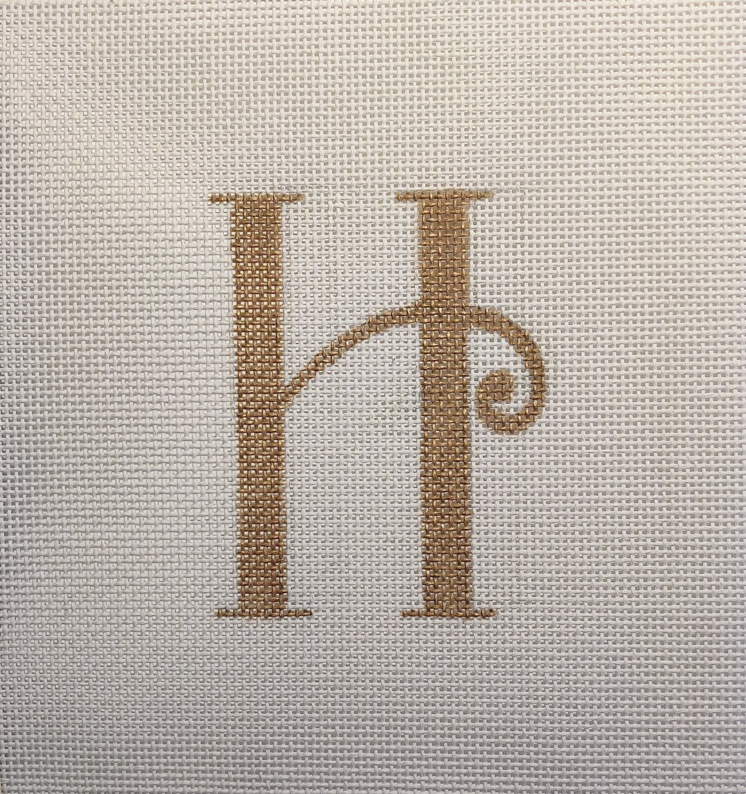 Hand Painted Needlepoint Alphabet, Gold Script Letter 'H', Pillow, Wall