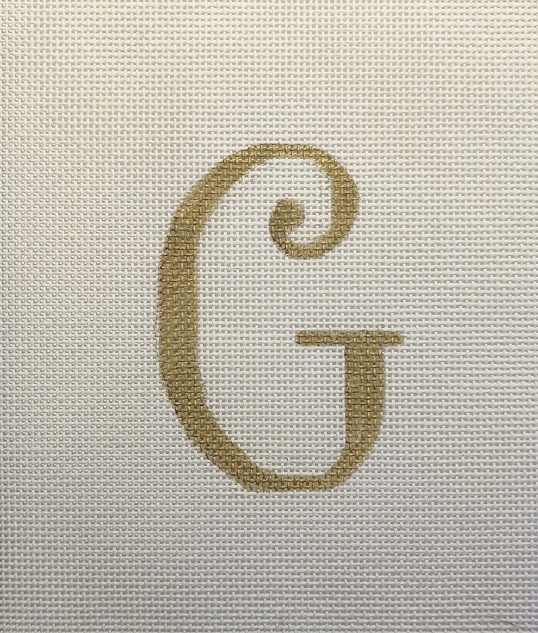 Hand Painted Needlepoint Alphabet, Gold Script Letter 'G', Pillow, Wall