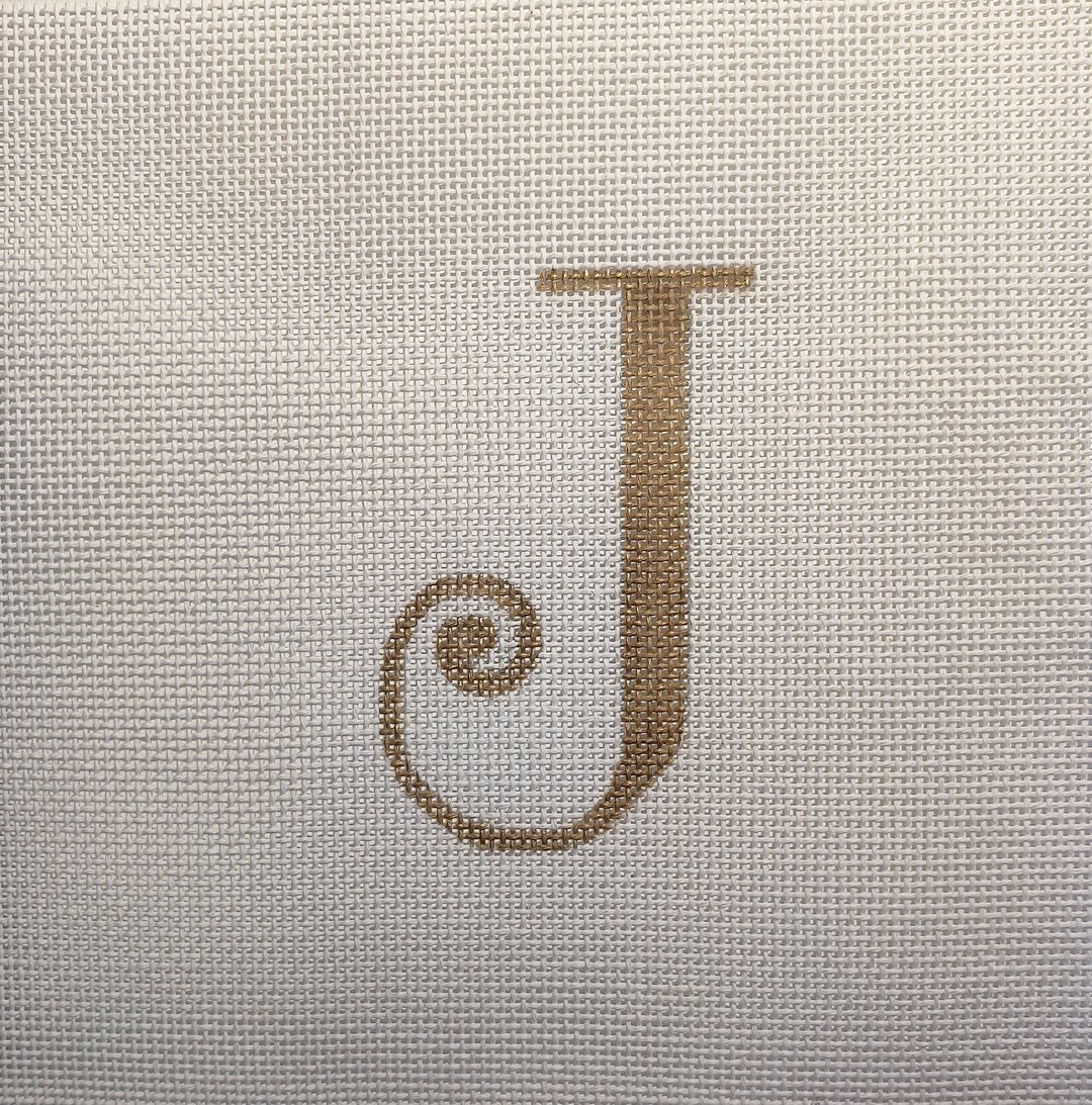 Hand Painted Needlepoint Alphabet, Gold Script Letter 'J', Pillow, Wall ...