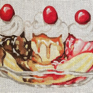 May include: Hand-painted needlepoint canvas depicting a sundae with three scoops of ice cream in a glass dish. The scoops are chocolate, caramel, and strawberry, each topped with a red cherry. The canvas is on a white background.