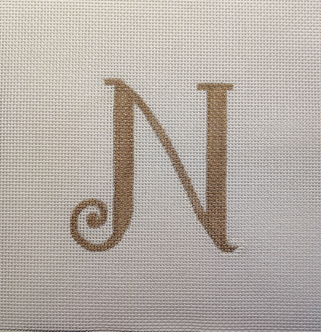 Hand Painted Needlepoint Alphabet, Gold Script Letter 'N', Pillow, Wall
