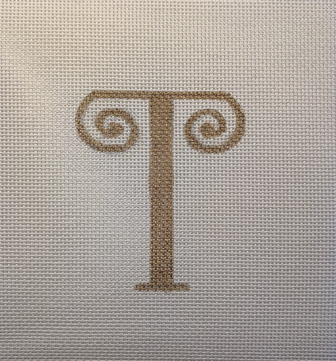 Hand Painted Needlepoint Script Letter 'T' in Gold for Wall, Tabletop