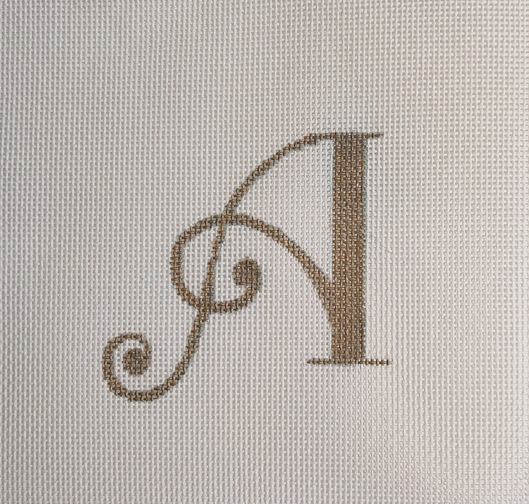 Hand Painted Needlepoint Alphabet, Script and Scroll Letter ‘A’, Pillow