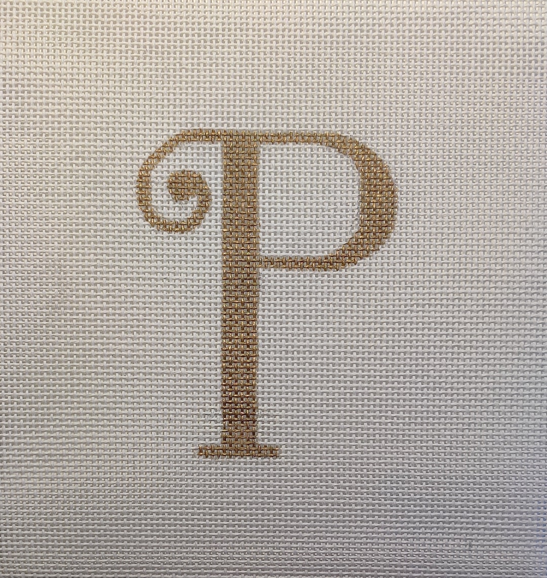 Hand Painted Needlepoint Alphabet, Gold Script Letter 'P', Pillow, Wall