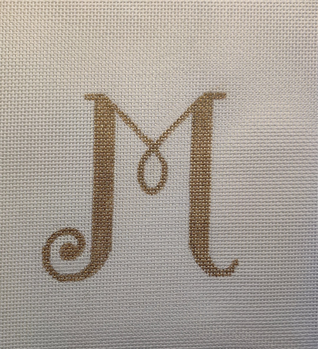 Hand Painted Needlepoint Alphabet, Gold Script Letter 'M', Pillow, Wall