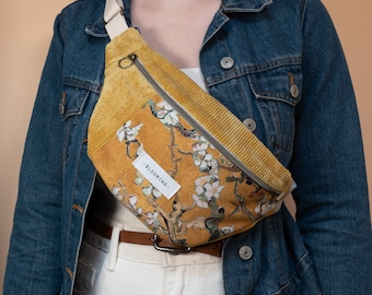 Banana bag in mustard yellow corduroy and yellow velvet with almond blossom pattern - Matching favorite - for women or men - Handmade