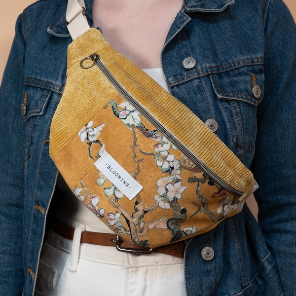 Banana bag in mustard yellow corduroy and yellow velvet with almond blossom pattern - Matching favorite - for women or men - Handmade