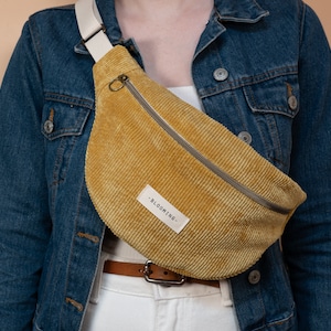 Senfgelbe Cord-Bauchtasche - Größe L oder XL - Florales Futter - Passende Scrunchies - Für Damen oder Herren - Handgefertigt