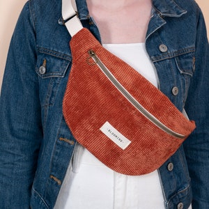 Sac banane en velours côtelé orange terracotta - Taille L ou XL - Doublure à fleurs - Chouchous assortis - Pour femme ou homme- Fait main