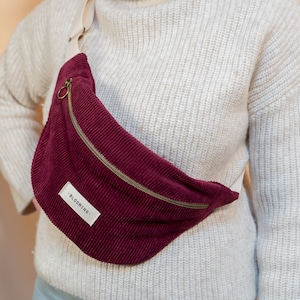 Sac banane en velours côtelé rouge bordeaux - Taille L ou XL- Doublure à fleurs - Chouchous assortis - Pour femme ou homme - Fait main