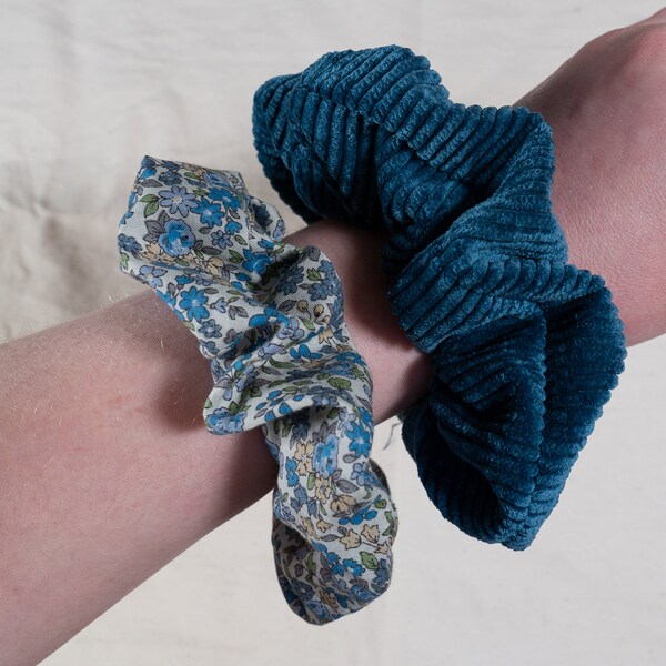 Set of two matching scrunchies - Petrol blue corduroy scrunchie - Blue liberty scrunchie - Handmade