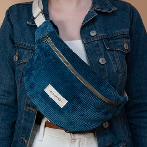 Sac banane en velours côtelé bleu pétrole - Taille L ou XL - Doublure à fleurs - Chouchous assortis - Pour femme ou homme - Fait main