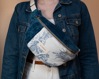 Fanny pack in petrol blue corduroy and blue toile de jouy - Matching favorite - for women or men - Handmade