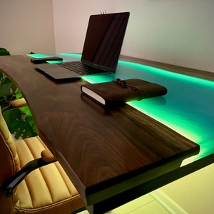 Ergo LED Desk Custom Handmade Designer River Desk Black Walnut Epoxy Resin LED With Steel Base