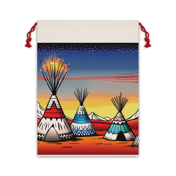 Native American Teepee Art Gift Bag Treat Bag bolsa de regalo Arte indígena regalo bolsa de tela estilo arte atar bolsa de regalo