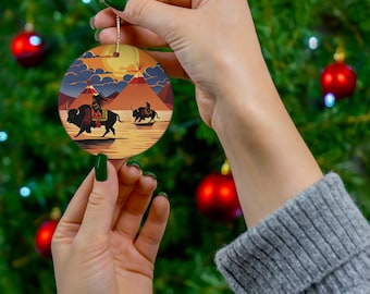 Native Buffalo Art Ceramic Ornament Indigenous Buffalo art hanging ornament Bison art Tree ornament Gift for Friend