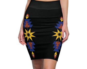 Native Design Pencil Skirt - Women&#39;s Fashion Apparel, Southwestern Print Lady Skirt, Tribal Pattern Midi Skirt, Aztec Print Office Wear,