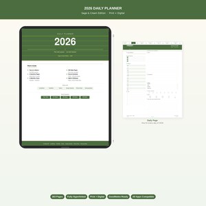 Könnte beinhalten: Ein 2026 Tagesplaner in der Edition Salbei und Creme, angezeigt auf einem Tablet-Bildschirm neben einer Tagesansicht. Die Benutzeroberfläche enthält Text wie 2026 Daily Planner, Year at a Glance, 365 Daily Pages und verschiedene Navigationsschaltflächen.