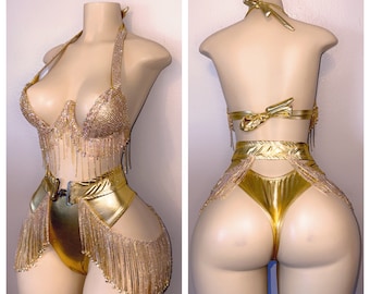 Exotic Dancewear high waist birthday set with rhinestone fringe belt