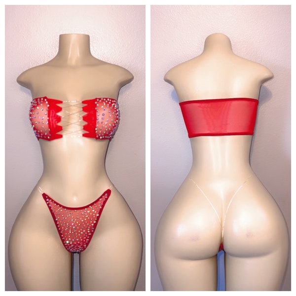 Exotic Dancewear SHEER bandeau set with rhinestones