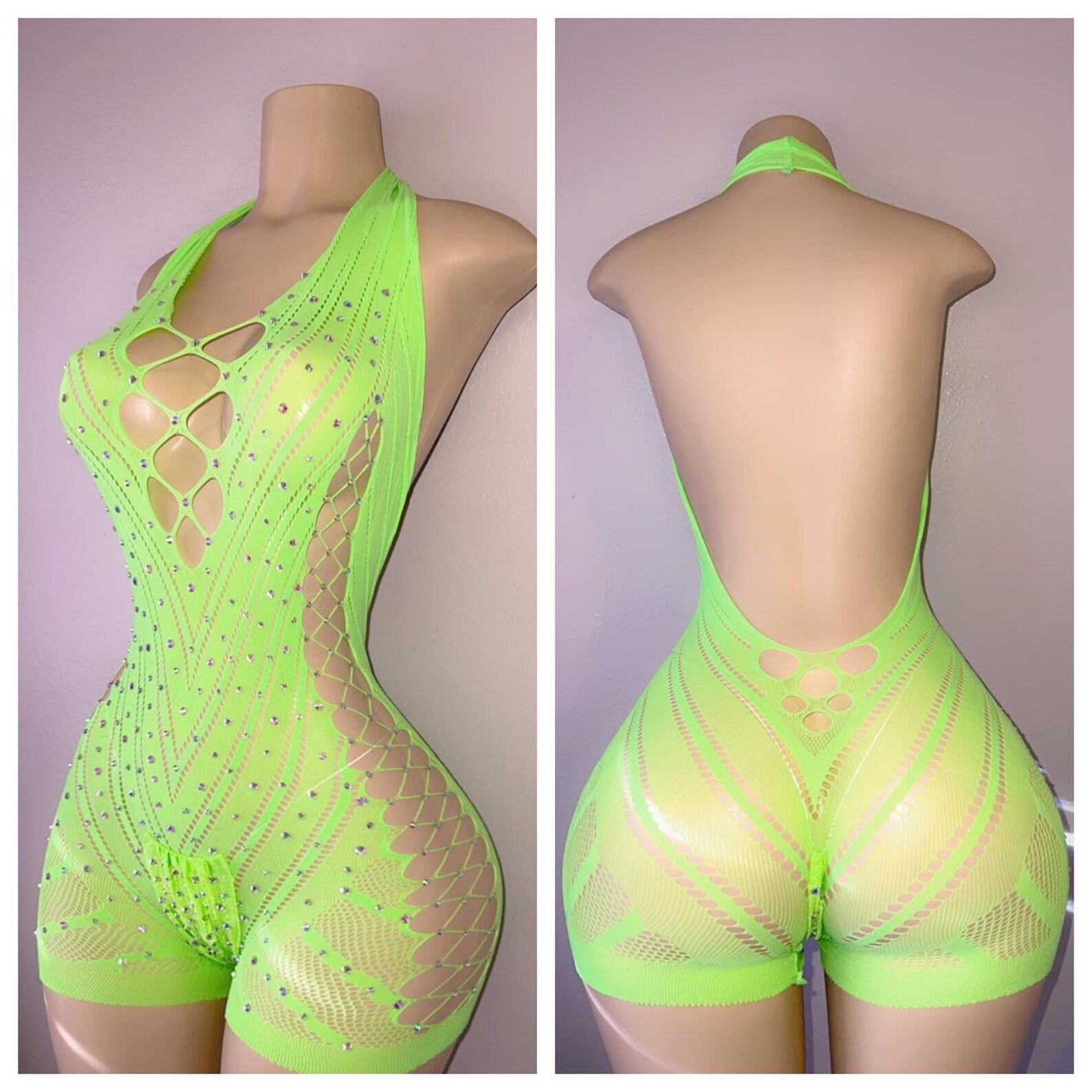 Video Vixen Lace Fishnet Romper With Rhinestones Fits XS-L