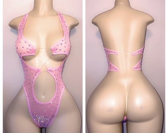 Exotic Dancewear SHEER   cutout ONE PIECE with stones