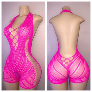 Exotic Dancewear net lace romper with matching thong  FITS XS-L