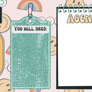 May include: A printable planner page with a pink background and rainbow, smiley face, and circle designs. The page includes sections for "Date", "Reminders", "You Will Need", and "Agenda".