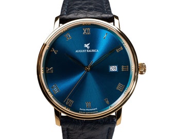 May include: A gold-tone watch with a blue face and Roman numeral hour markers. The watch has a date window at the 3 o'clock position and a black leather strap. The watch face also features the text "AUGUST RAURICA" and "Swiss Movement".