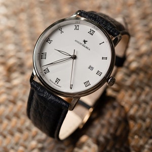 Swiss Made Silber Uhr mit römischer Münze - August Raurica Kickstarter - Indiegogo - Blauer Italienischer Ledergürtel - Geschenk für Ihn