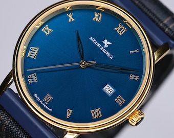 Luxury Swiss Movement Watch – Blue Sunray Dial, Gold 40mm Case