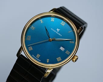 Classic Men’s Watch – Blue Dial, Gold Case, Black Stainless Steel Bracelet