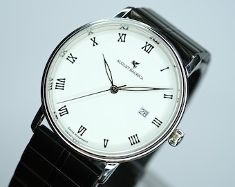 Minimalist Men’s Watch – White Dial, Silver Case, Black Stainless Steel Bracelet