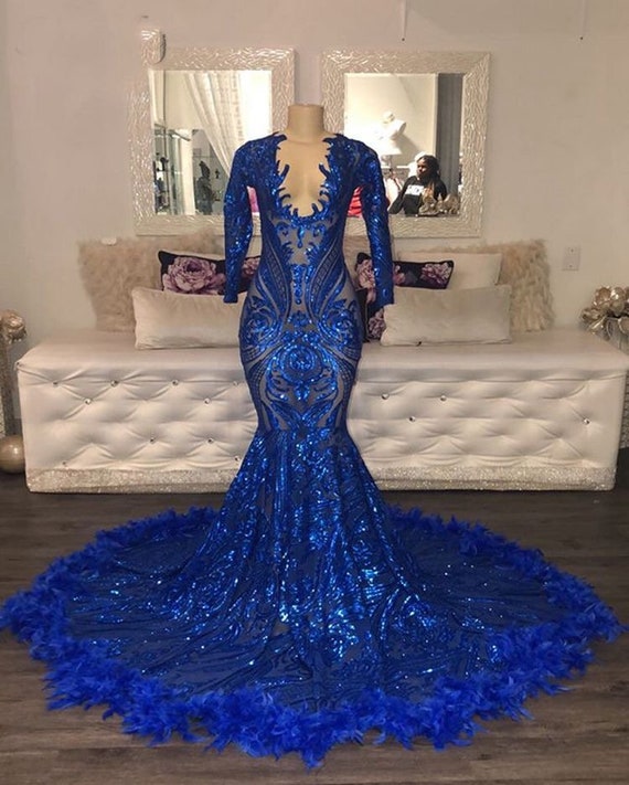 Royal Blue Sequin Long Sexy Sparkly Prom Dress Gown Low Back Evening Dress
