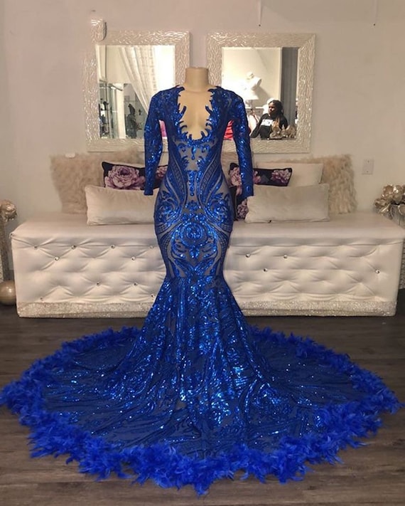 blue sequin prom dress