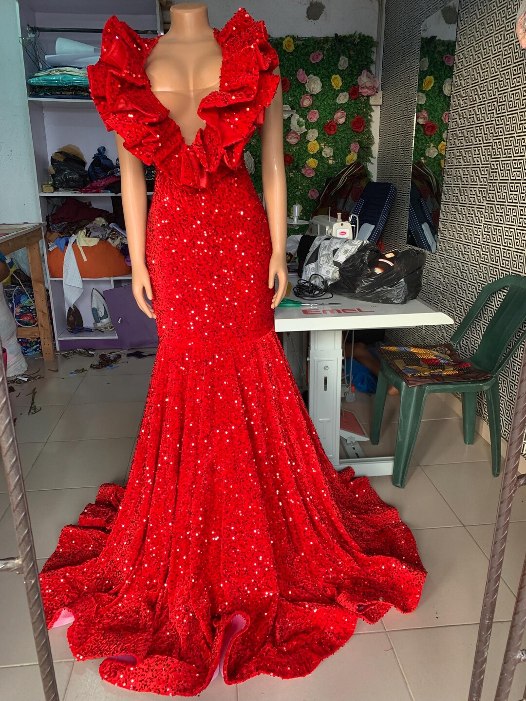 Red Sequins Mermaid Evening Dress with Open Sleeves main image 1
