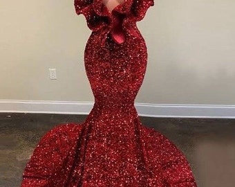 Red velvet sequins mermaid dress, evening dress, prom dress, birthday dress.