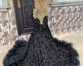 Black and Gold sequins velvet Prom mermaid dress, photo shoot, birthday dress, engagement dress