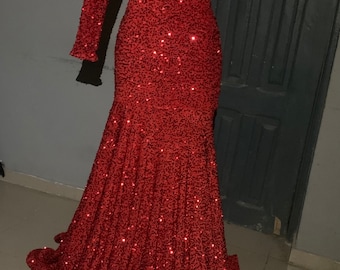 Red/blue fitted velvet sequins prom dress, one shoulder mermaid dress…