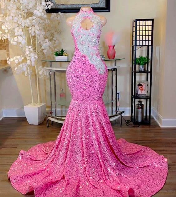 Pink Sequins Velvet Alter Neck Mermaid Prom Dress Evening Dress