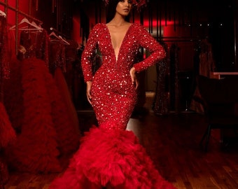 Red velvet sequins tulle dress, prom dress, wedding dress, all occasions dress